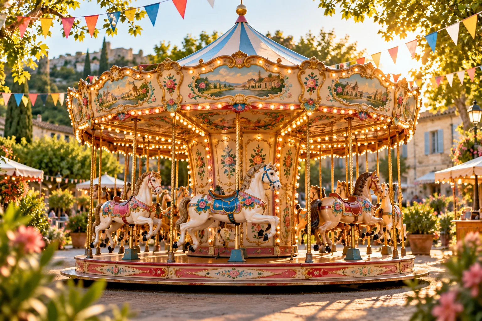 Illustration d’ambiance : un carrousel lumineux sous des fanions colorés