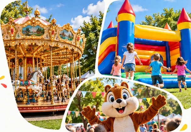 Un carrousel, un château gonflable et une mascotte dans une ambiance de fête