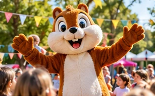 Une mascotte écureuil accueillant le public